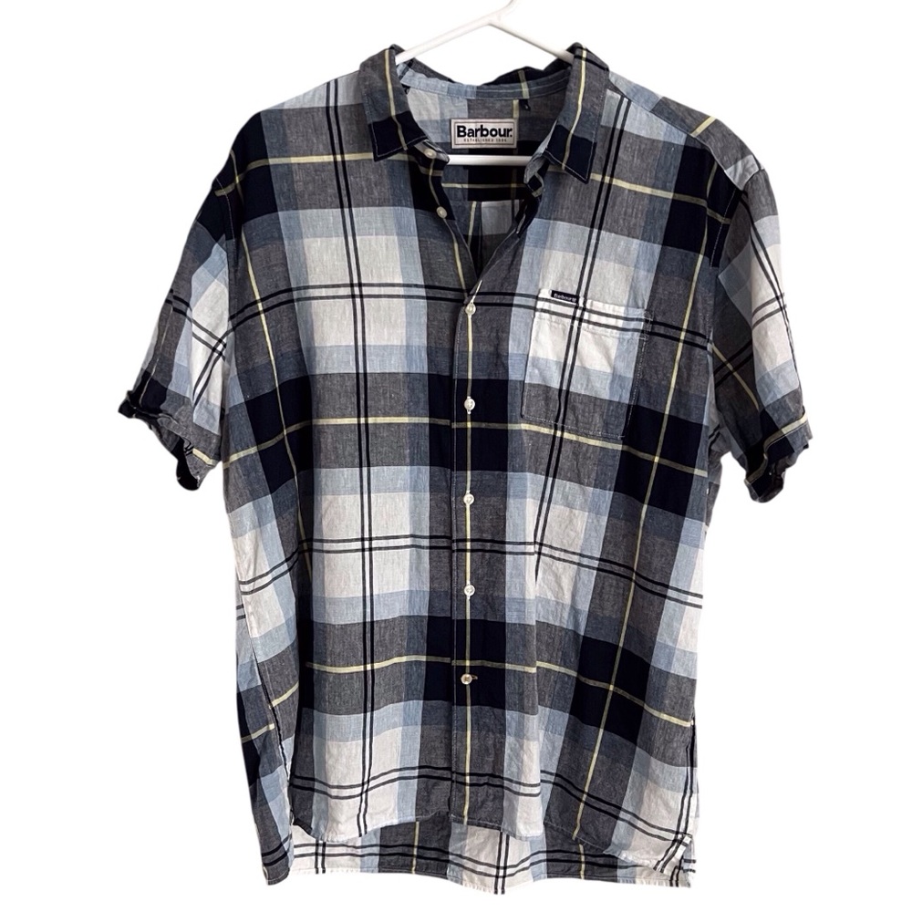 Barbour Men’s Short Sleeve Shirt Linen BlendButton Up Blue Plaid Preppy Medium